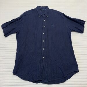 Ralph Lauren Blake Shirt Mens Navy Blue 100% Linen Herringbone Short Sleeve L